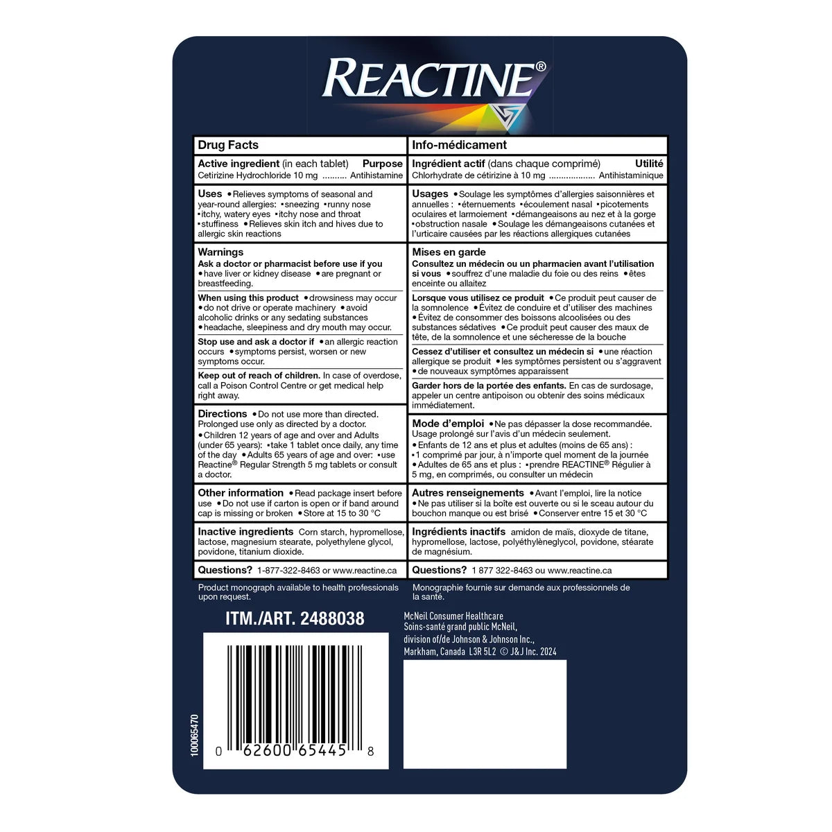 Reactine medication packaging with label on a white background