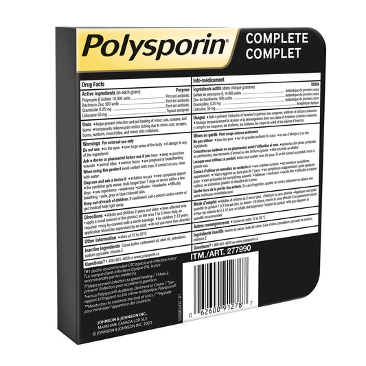 Polysporin Complete antibiotic packaging with text and branding.