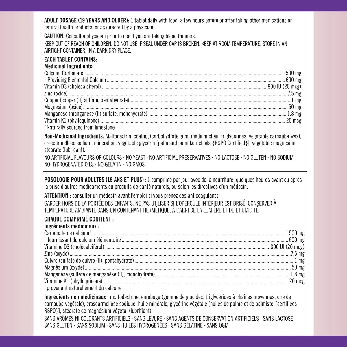 Kirkland Signature Calcium Plus With Vitamin D3 & Minerals 600 mg | 800 IU - 500 Tablets - canavitam