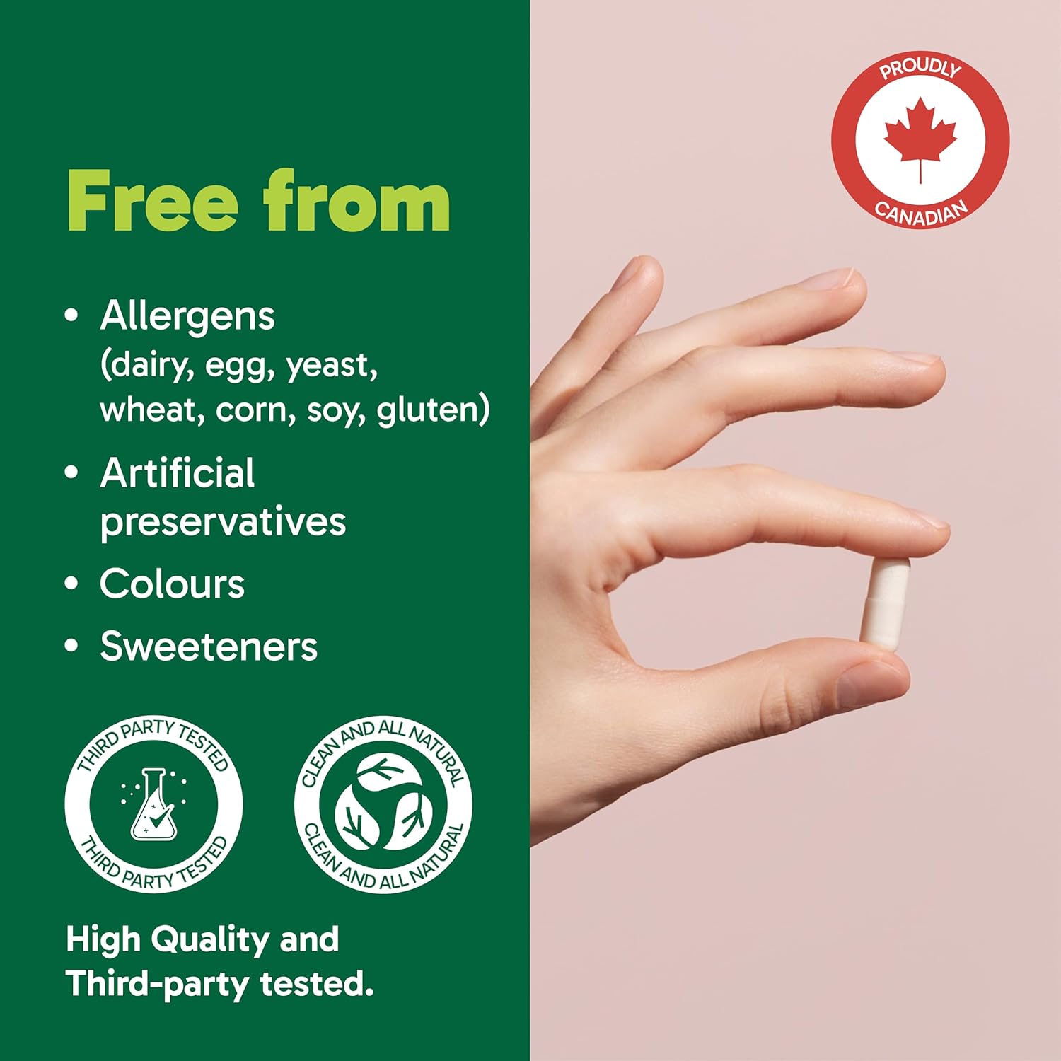 Nad + Allergens free Product packaging with allergen-free, natural, and third-party tested information.