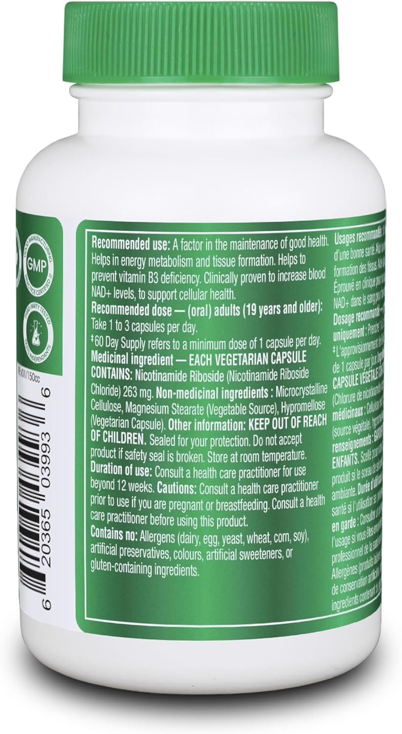 Nad + Bottle of dietary supplement with green cap and label on a white background