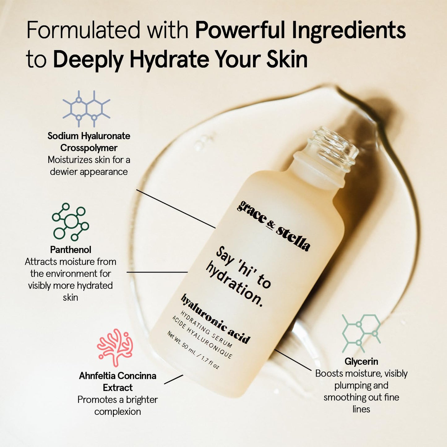 grace & stella  Hyaluronic Acid Serum (50ml) - Vegan -  Acido Hialuronico to Hydrate and Remove Fine Lines + Wrinkles, Boost Collagen - - canavitam