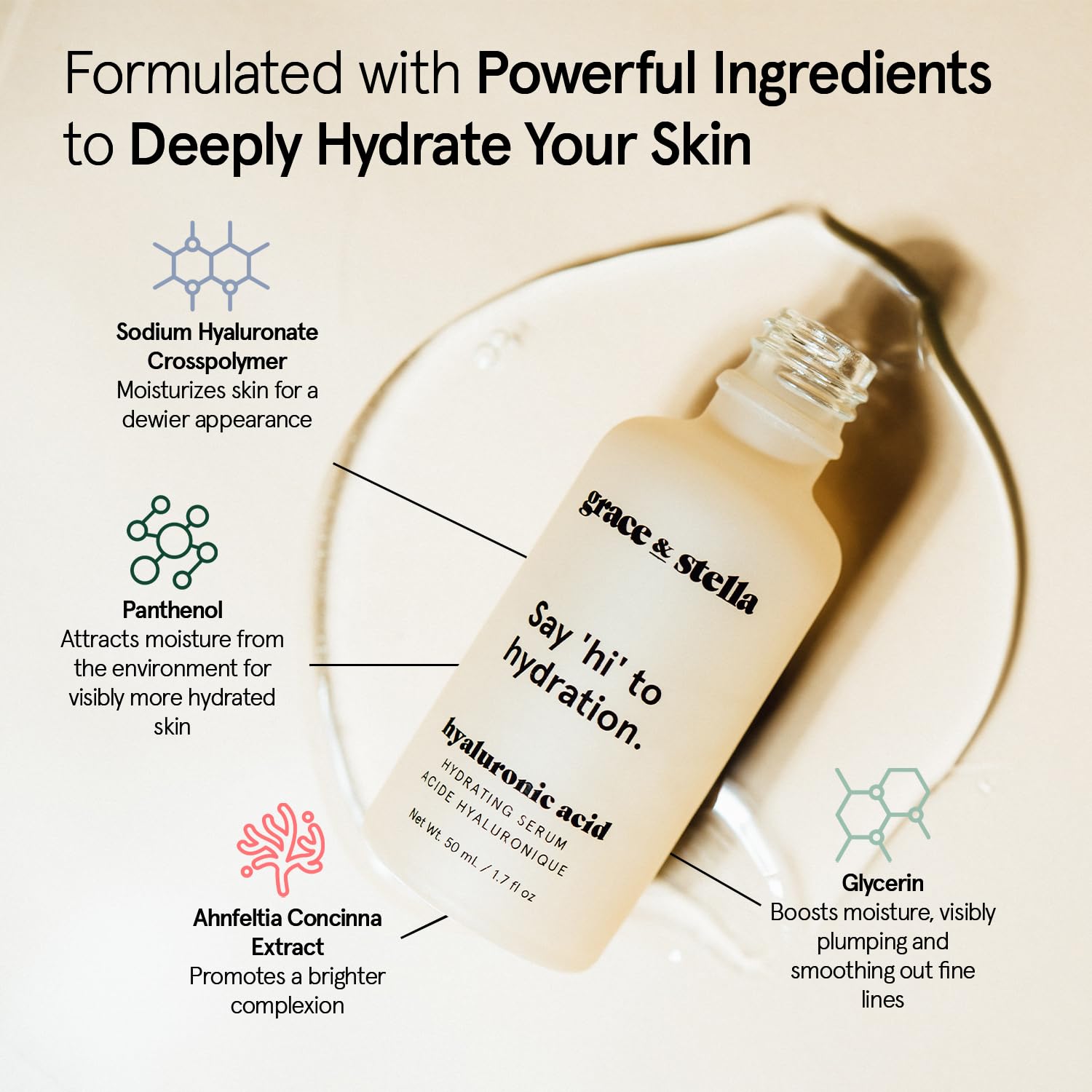 grace & stella  Hyaluronic Acid Serum (50ml) - Vegan -  Acido Hialuronico to Hydrate and Remove Fine Lines + Wrinkles, Boost Collagen - - canavitam