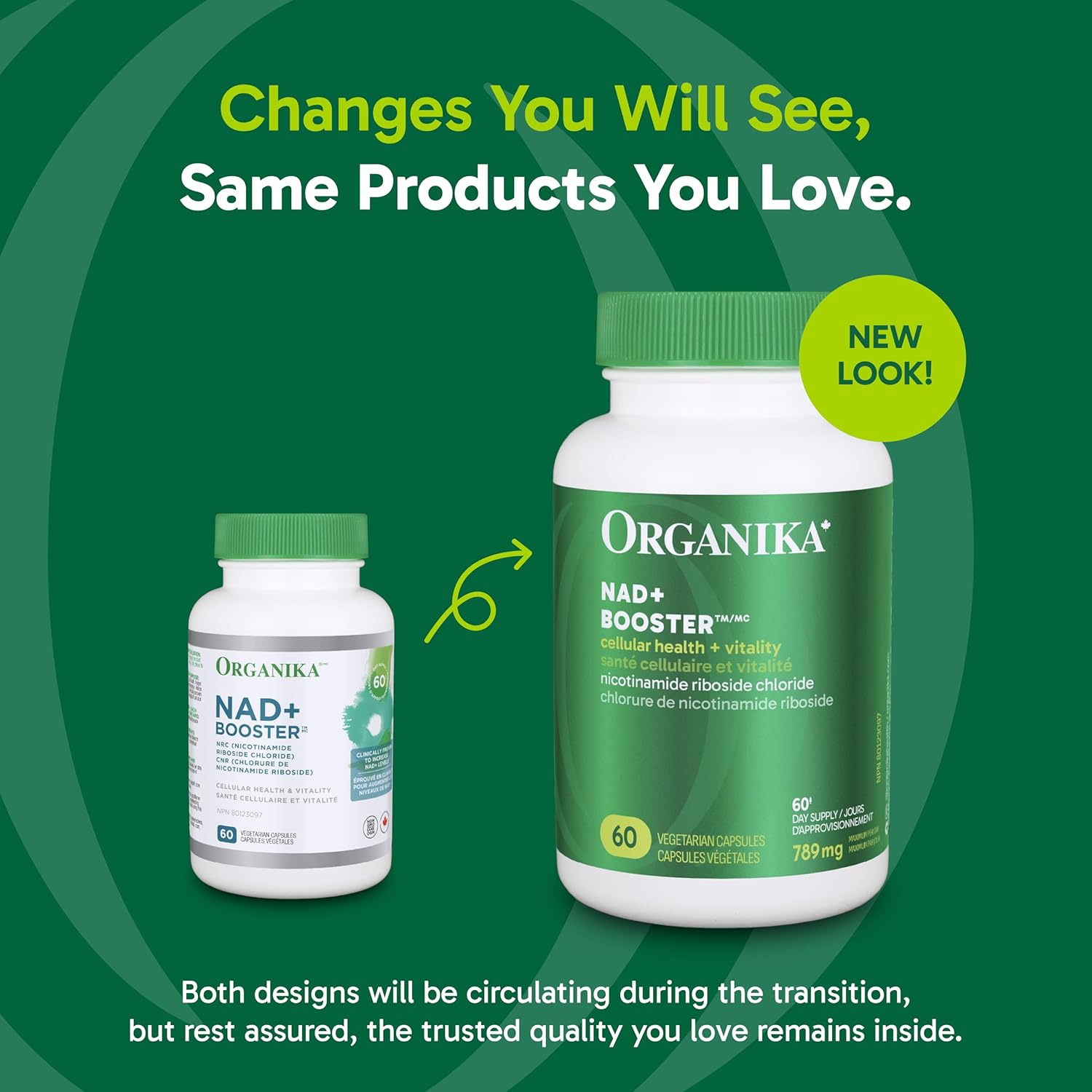 Two Organika NAD+ Booster supplement bottles on a green background with text about product changes.