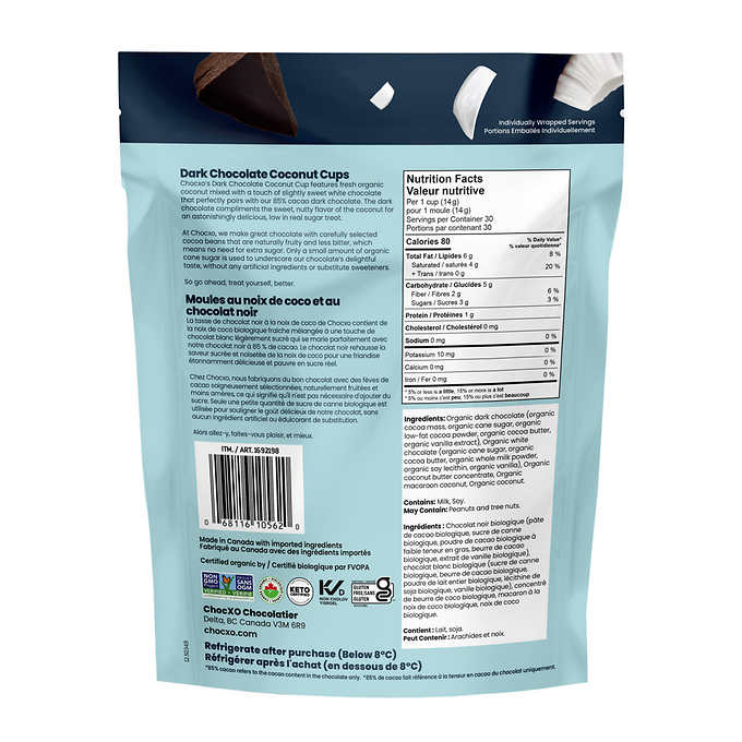 Chocxo Keto Dark Chocolate Coconut Cups, 420 g - canavitam