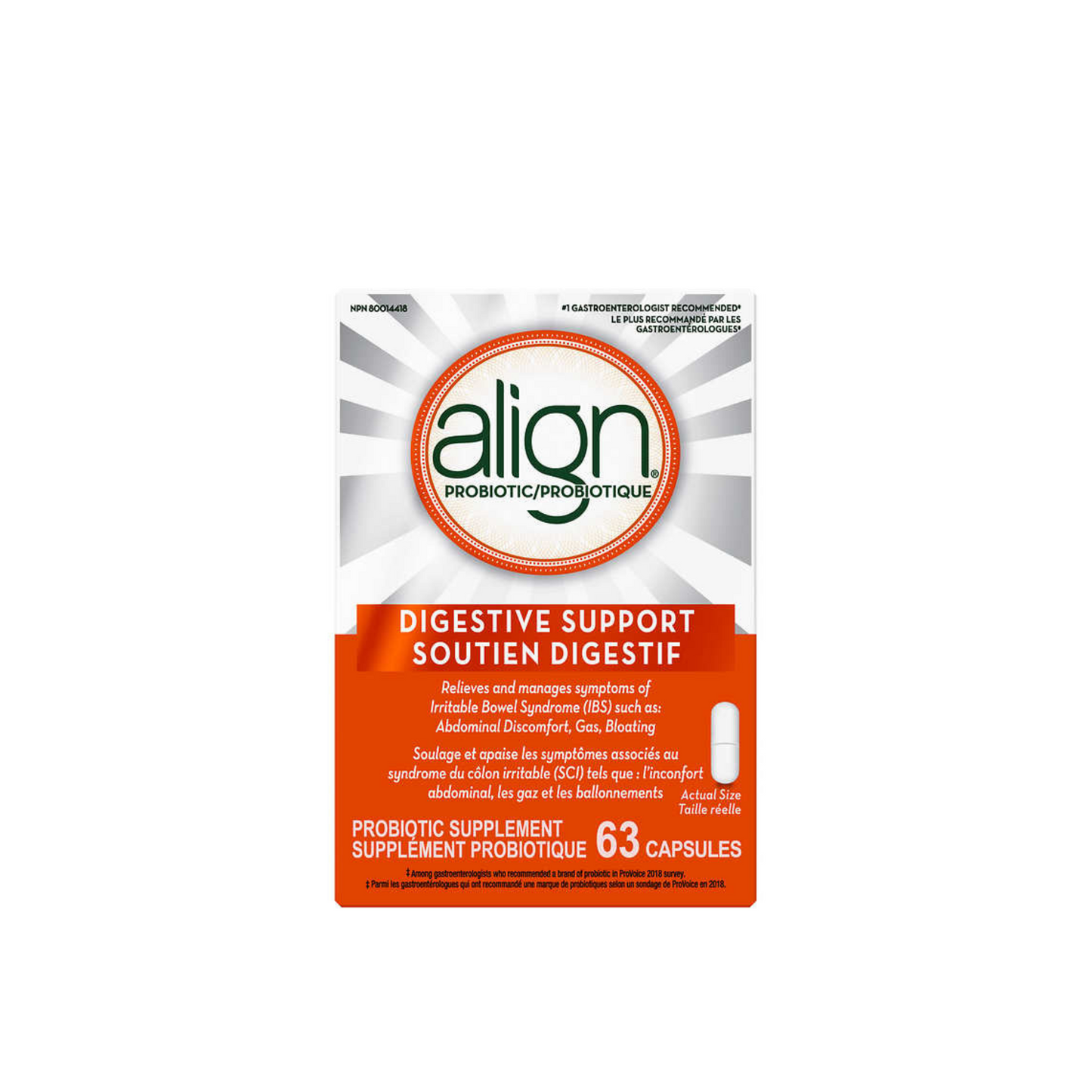 Relieves  the symptoms of Irritable Bowel Syndrome Align Probiotic, 63 Capsules - canavitam