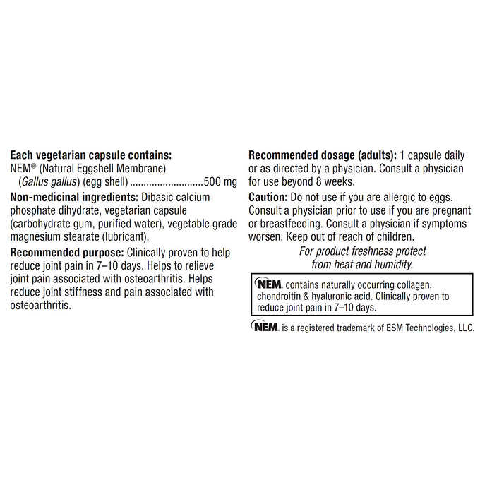 webber naturals NEM Natural Eggshell Membrane 500 mg Vegetarian Capsules, 100-count - canavitam