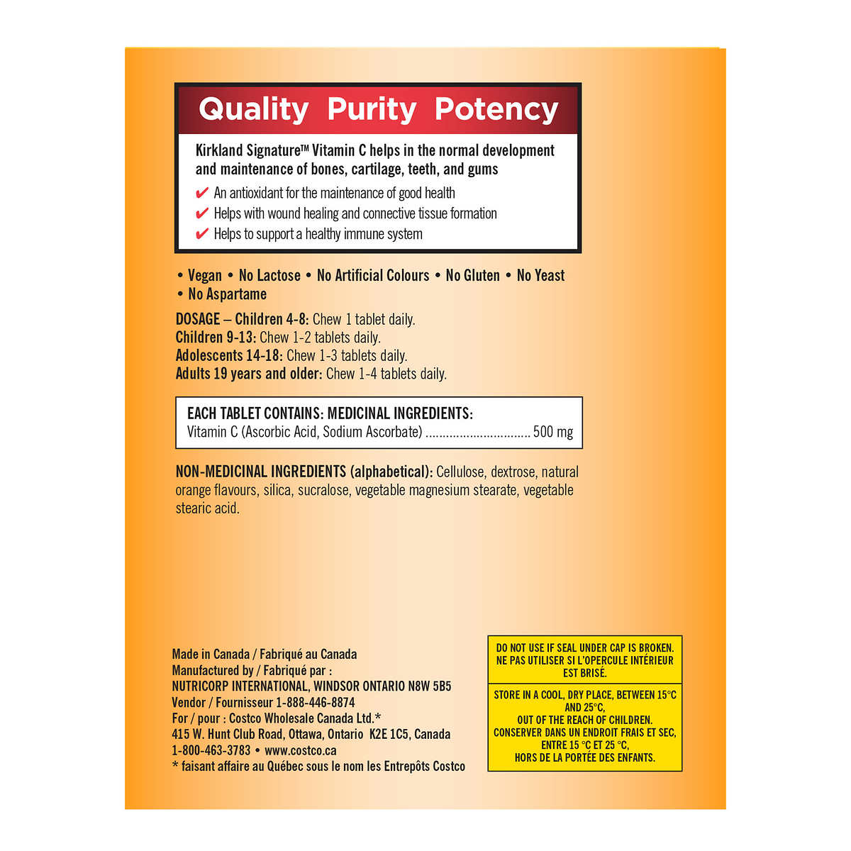 Kirkland Signature Vitamin C 500MG, 500 Chewable Tablets - canavitam