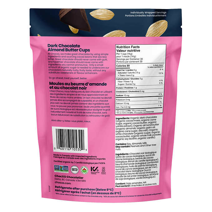 ChocXO Dark Chocolate Almond Butter Cups, 420 g-  30 pieces - canavitam