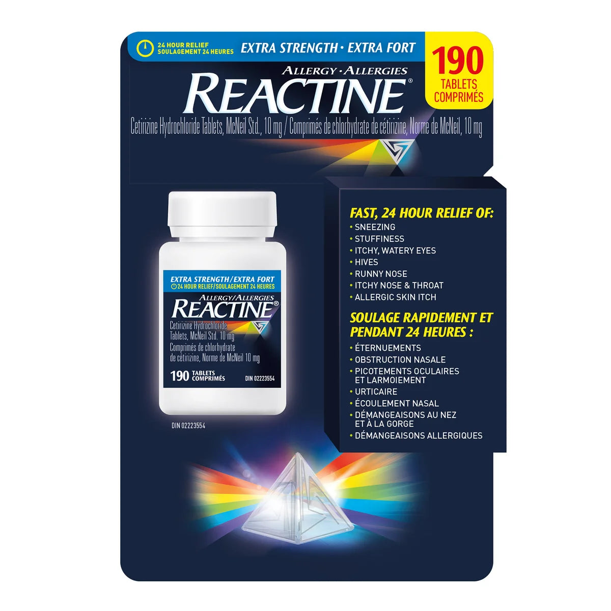 Reactine allergy medication packaging with a rainbow prism effect on a white background