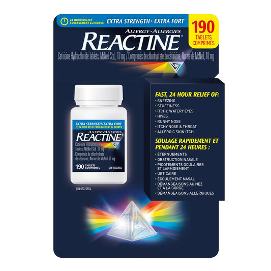 Reactine allergy medication packaging with a rainbow prism effect on a white background