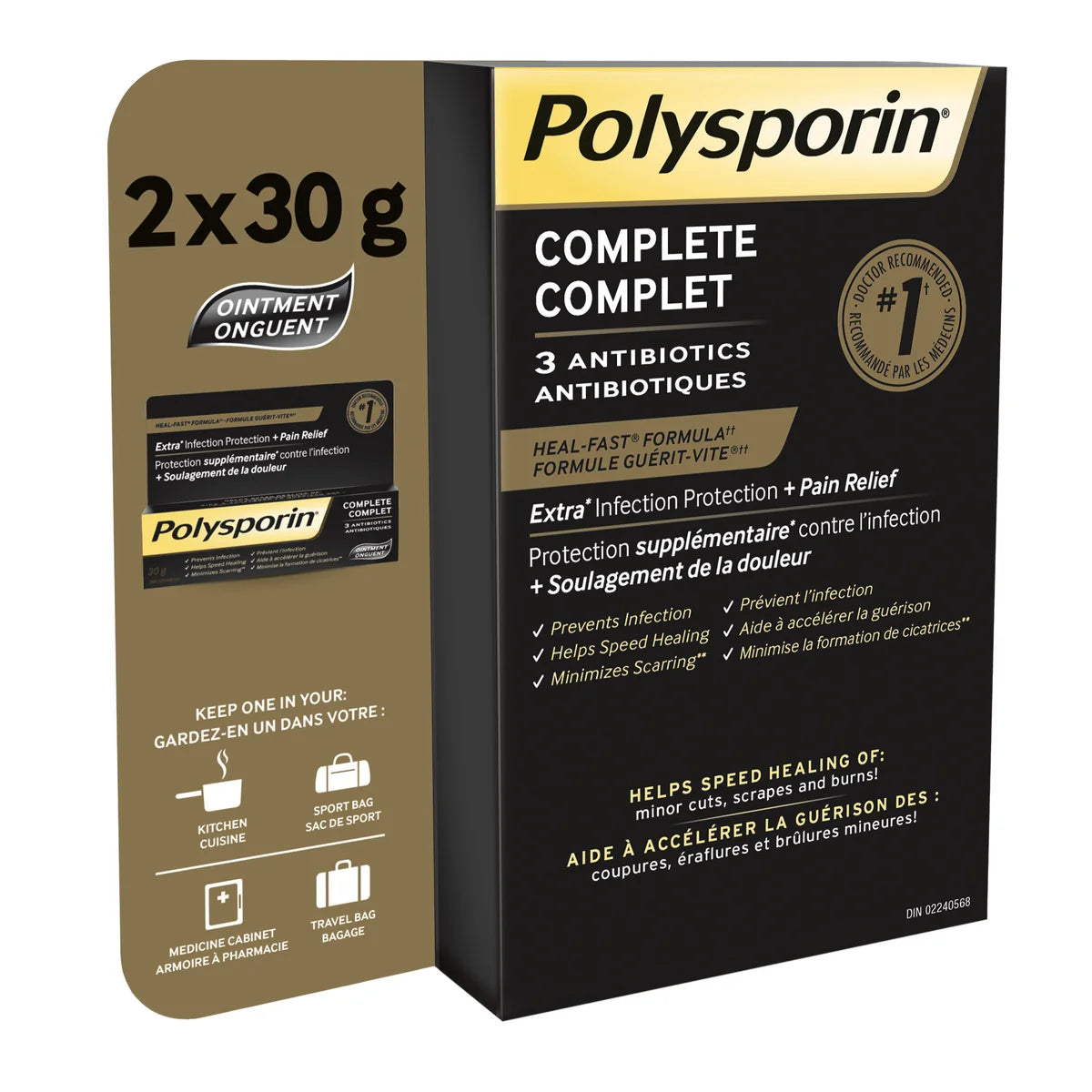 Polysporin Complete antibiotic ointment packaging on a white background