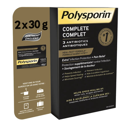 Polysporin Complete antibiotic ointment packaging on a white background