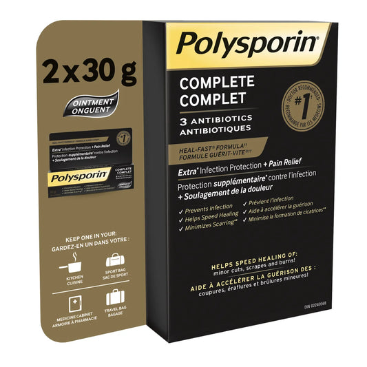 Polysporin Complete antibiotic ointment packaging on a white background