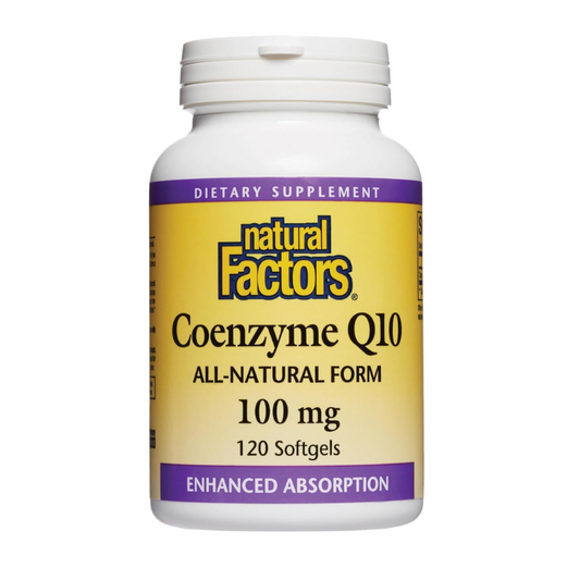 Bottle of Natural Factors Coenzyme Q10 supplement on a white background