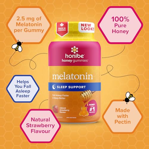 Honibe Melatonin Sleep Support Gummies 2.5 mg | Honey-Based Gummies Made in Canada 70 gummies