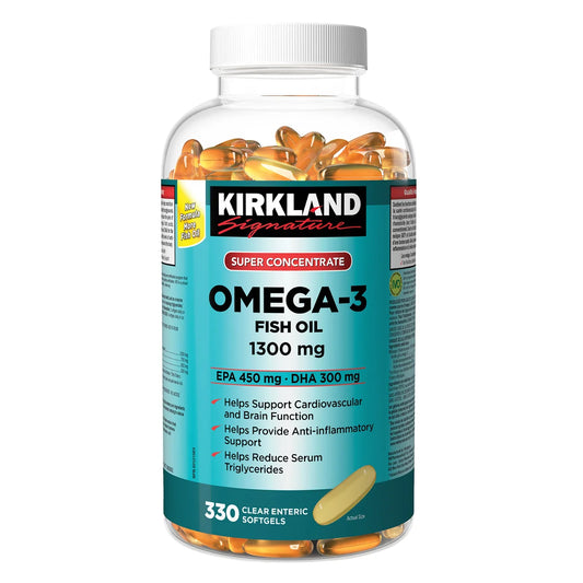 Kirkland Super Concentrated Omega-3 Fish Oil – 330 Enteric Softgels | 1300mg with EPA & DHA for Heart, Brain, and Joint Support