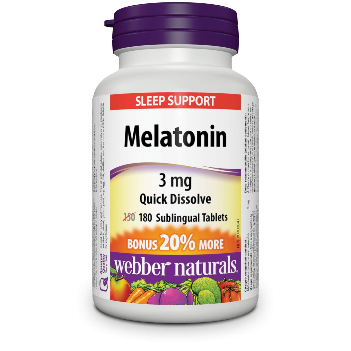 Webber Naturals Melatonin 3 mg, 90 - 180  Quick Dissolve Tablets, For Sleep Support, Vegetarian