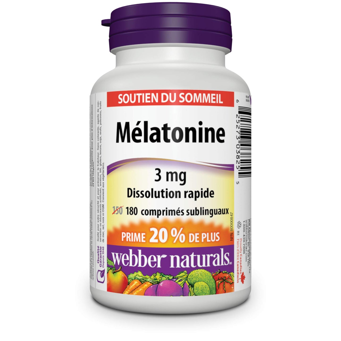 Webber Naturals Melatonin 3 mg, 90 - 180  Quick Dissolve Tablets, For Sleep Support, Vegetarian