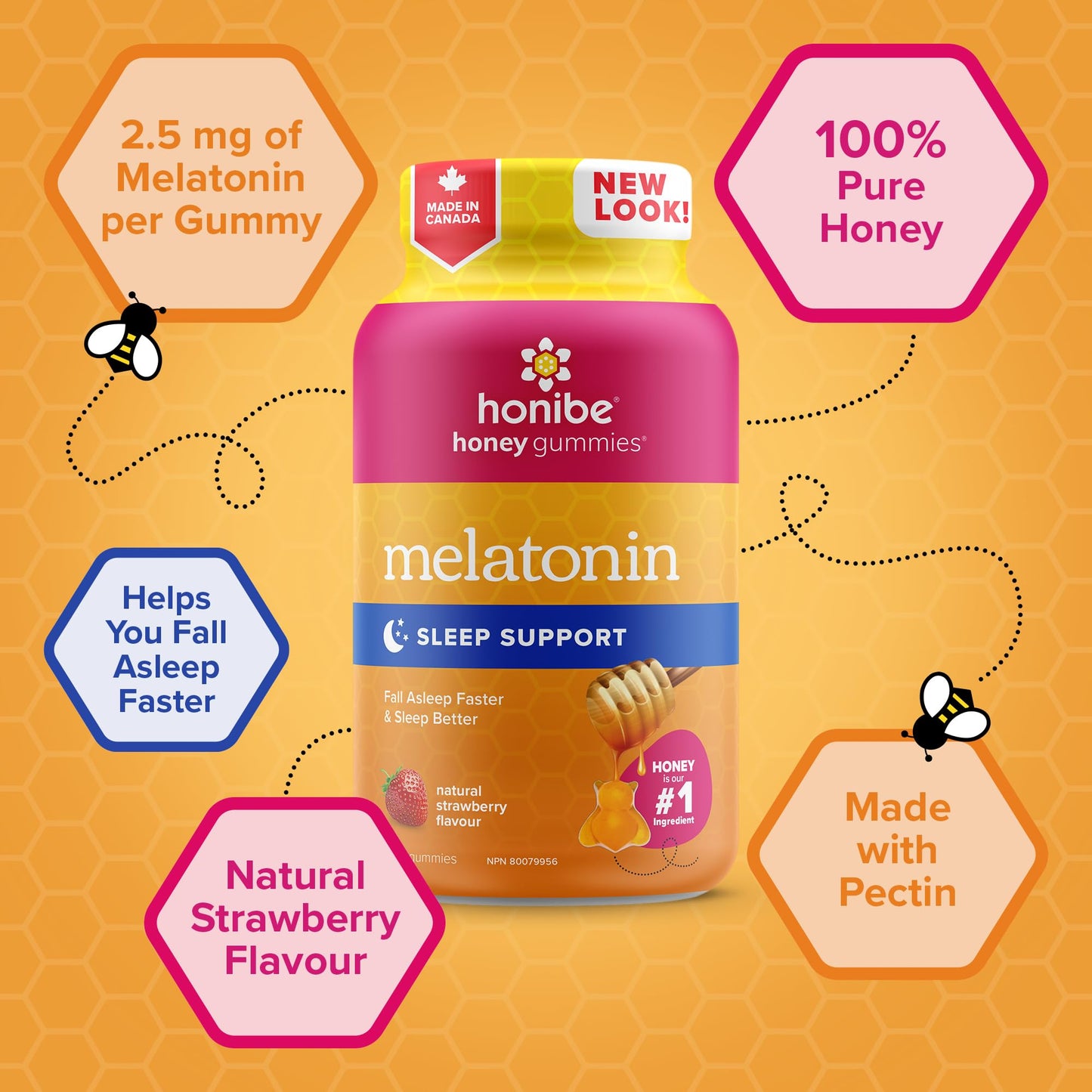 Honibe Melatonin Sleep Support Gummies 2.5 mg | Honey-Based Gummies Made in Canada 70 gummies