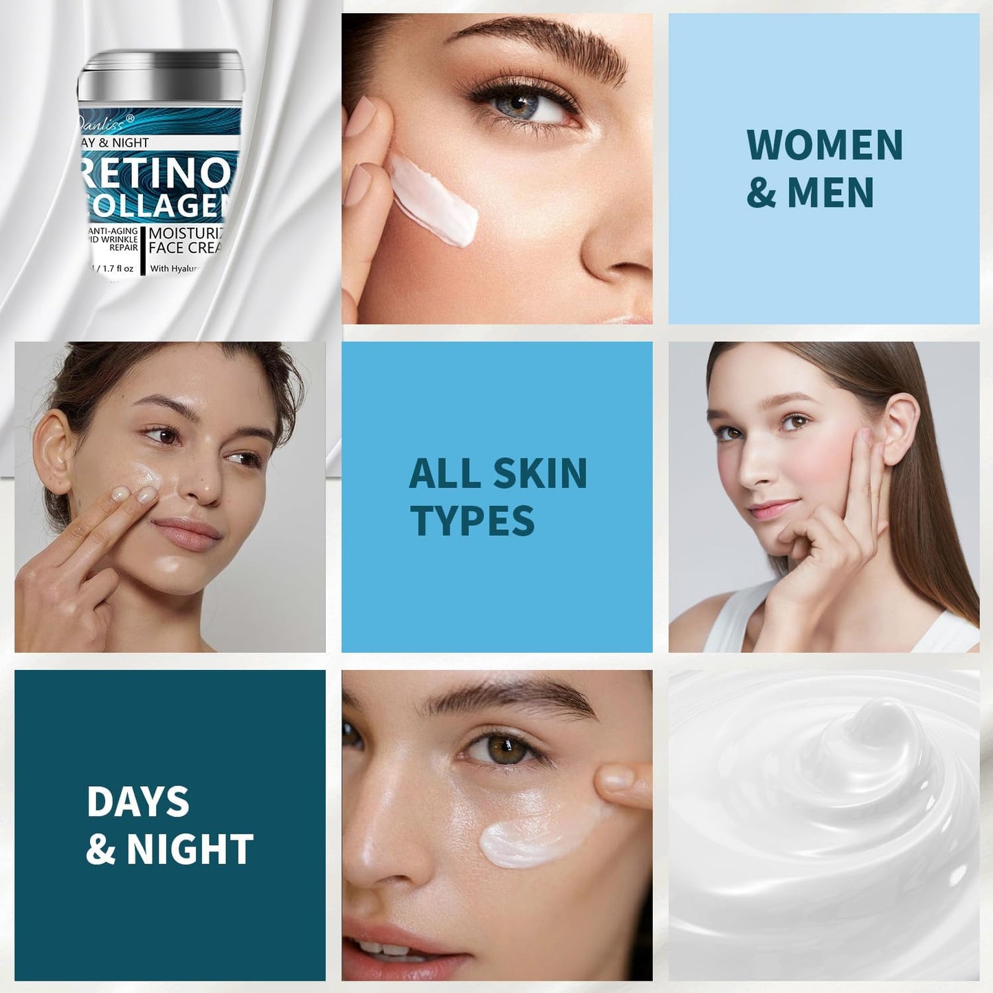 Collagen 0.2% Retinol Cream for Face with Hyaluronic Acid Day & Night Moisturizer Cream Skin Tightening Cream for Face & Neck Cream Lifting & Recovery Rapid Wrinkles Repair 1.7 Oz