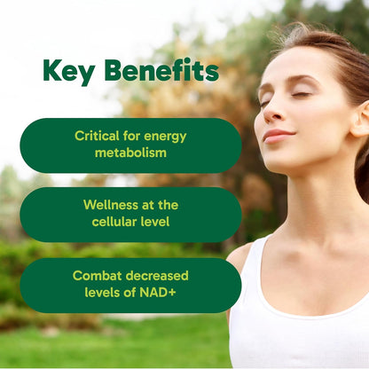Nad + benefits Woman with closed eyes in a natural setting, with text highlighting key benefits on a green background.its 