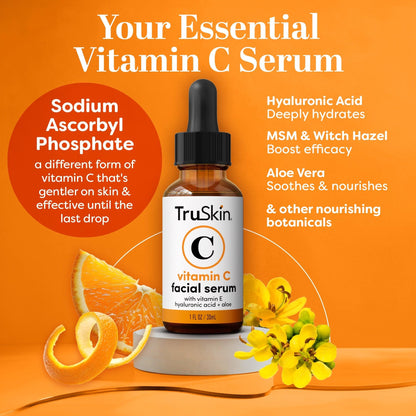 TruSkin Vitamin C Serum for Face – Anti-Aging Brightening Serum with Hyaluronic Acid & Vitamin E – Fade Dark Spots, Even Skin Tone, Reduce Fine Lines & Wrinkles – 2 Fl Oz