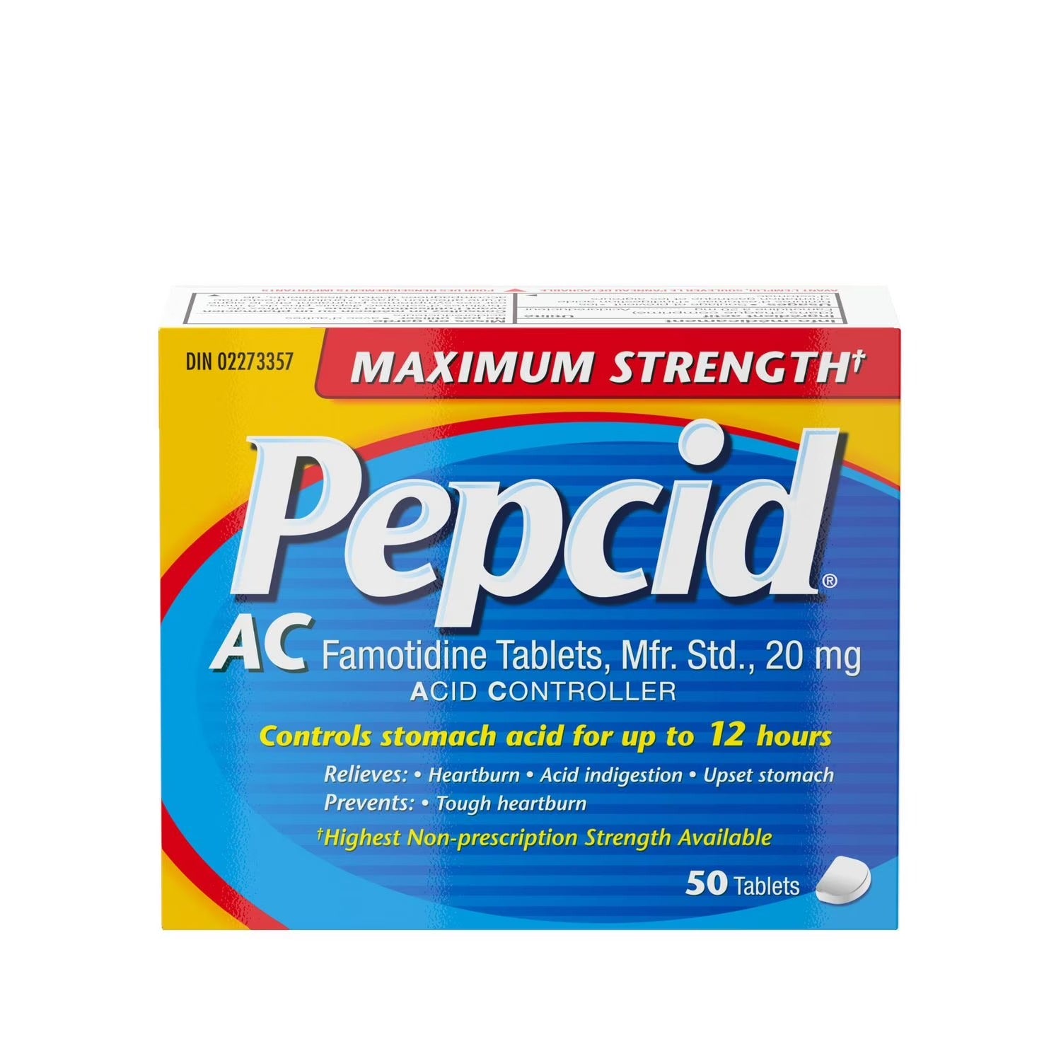 Pepcid AC Maximum Strength packaging on a white background