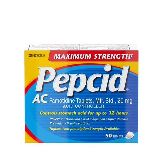 Pepcid AC Maximum Strength packaging on a white background